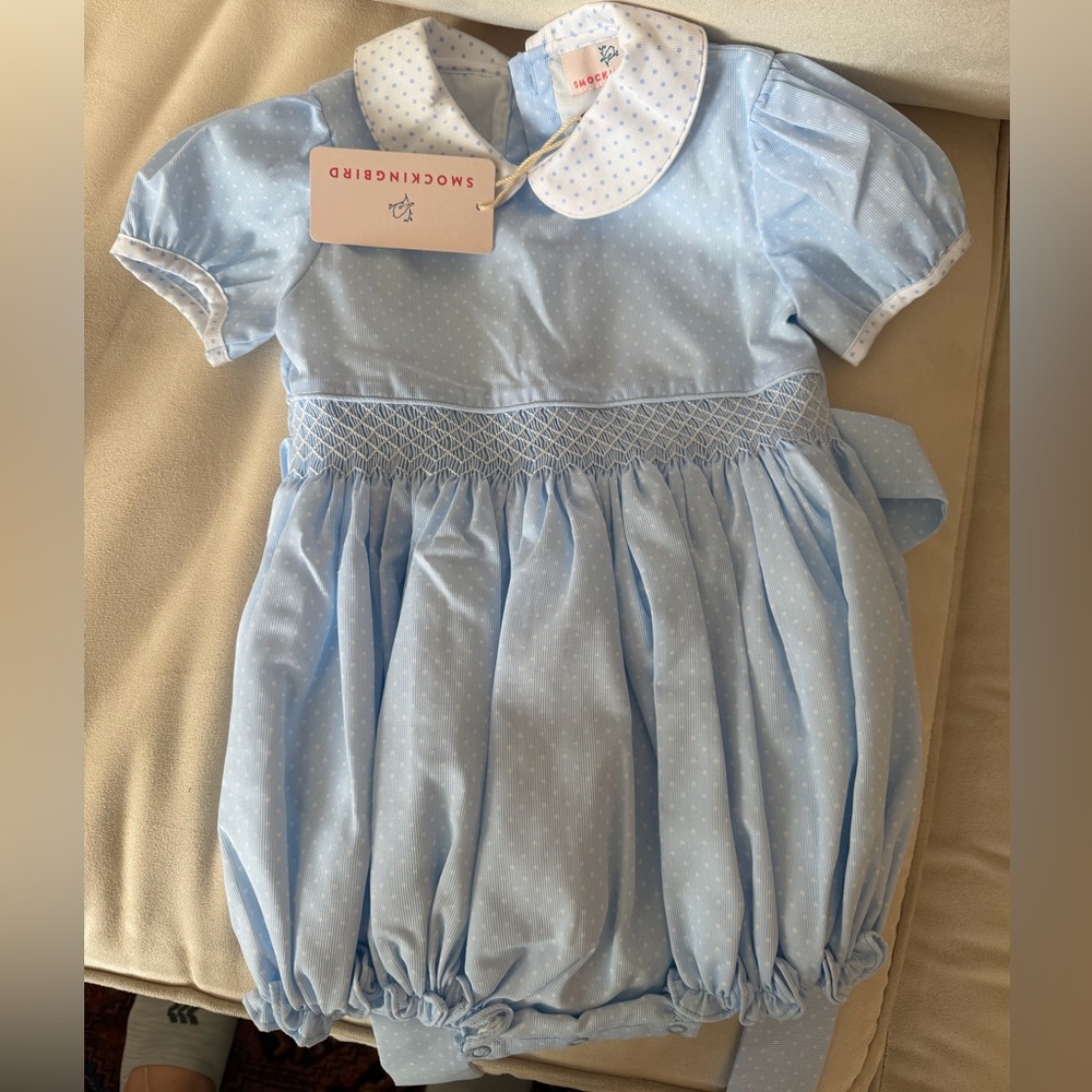 Smockingbird Jenny Blue Polka Dot Toddler Girls Bubble Romper